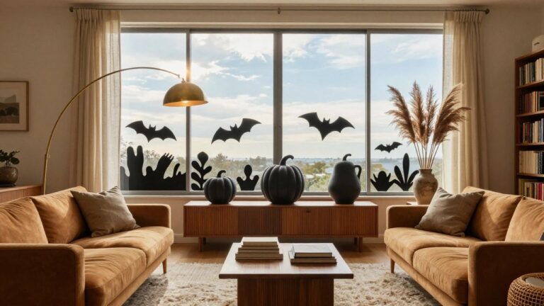 20 Easy Halloween Window Ideas That Still Pack a Punch Cozy living room with two tan sofas flanking a wooden console table holding three white pumpkins, tall pampas grass in a vase, gold arched floor lamp, and many black bat silhouettes applied to the large multi-pane window.