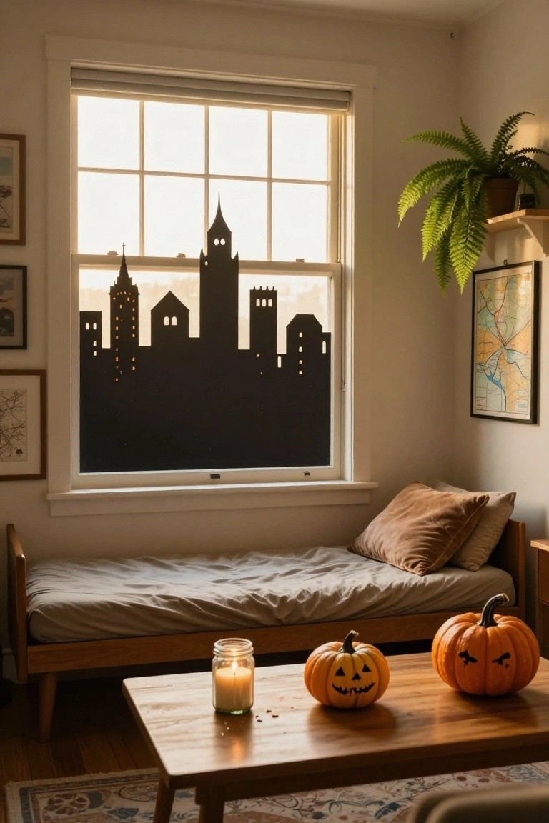 Cozy bedroom corner featuring a large window with black city skyline and gothic building silhouettes, wooden daybed with pillows, small table holding two jack-o-lantern pumpkins and a lit candle in a jar.