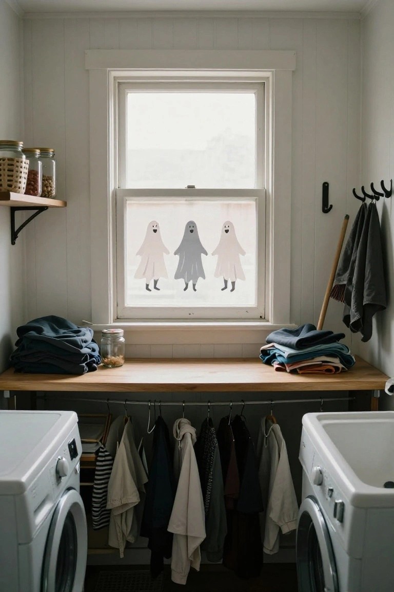 Laundry room with white paneled walls, wooden shelves holding jars of beans and nuts, stacks of folded clothes on a bench, hanging garments near two white washing machines, a broom and towels on hooks, and three ghost stickers on the interior side of the window.