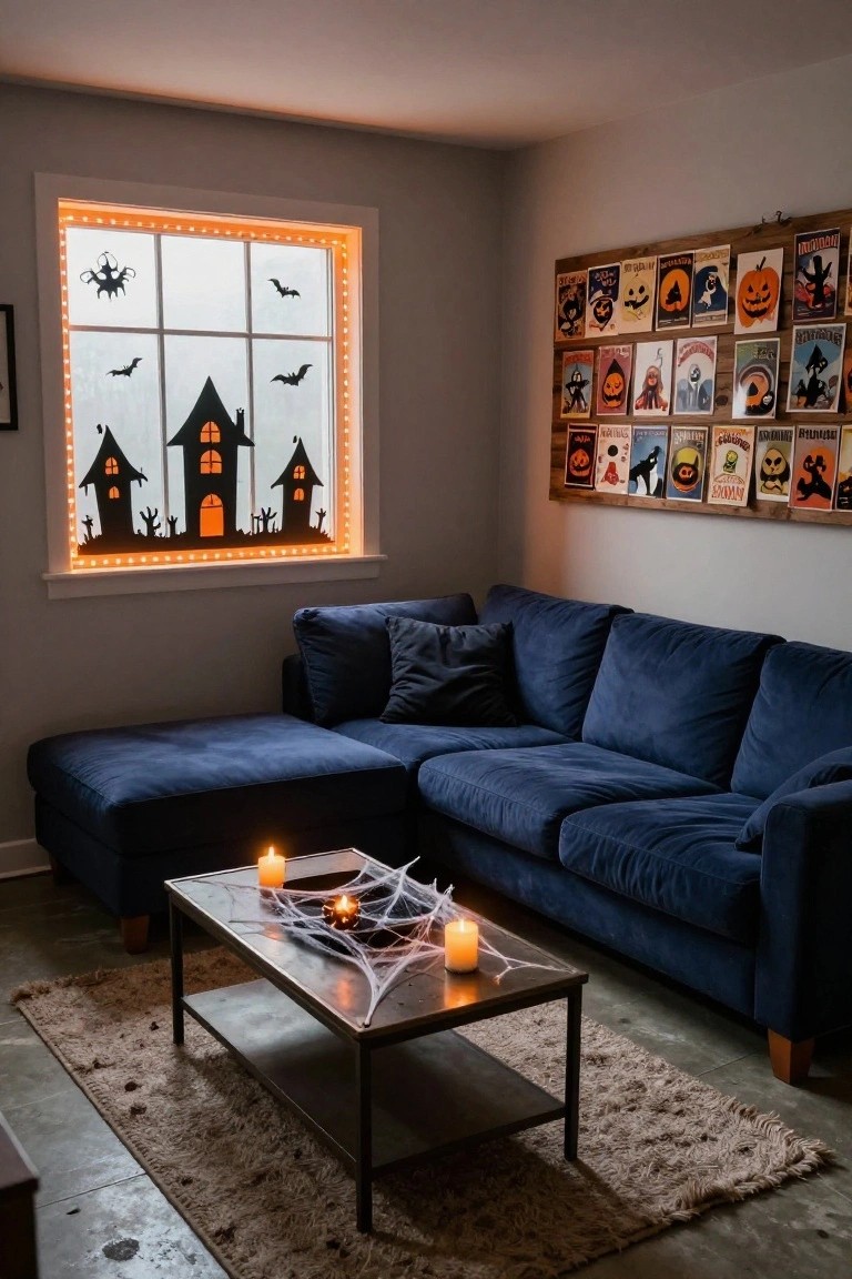 Living room corner featuring a window covered in black Halloween silhouette cutouts of haunted houses, bats, spiders, and trees, framed by orange LED string lights, with a navy blue L-shaped sofa, coffee table draped in spider webs and holding candles, and vintage Halloween posters on the wall.