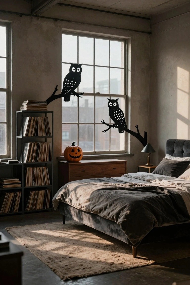 Indoor bedroom with exposed concrete walls and ceiling, black silhouette owl and branch decals on two large windows, carved pumpkin on wooden dresser, metal shelves of vinyl records, gray velvet bed, and bedside lamp.