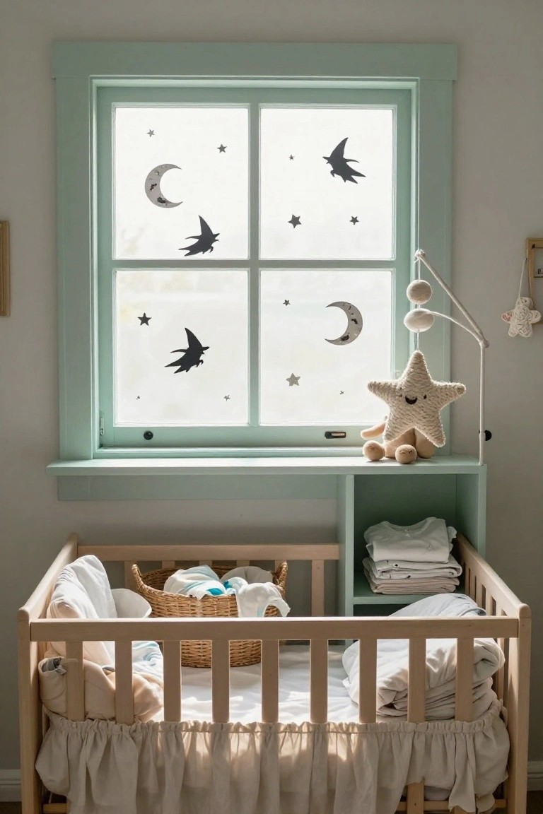A nursery room with a white wooden crib beside a mint green window covered in black silhouette decals of bats, crescent moons, and stars on frosted glass, plus a hanging starfish mobile and stuffed toys on shelves.