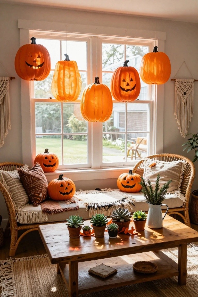 Indoor seating area with large orange paper pumpkin lanterns hanging from window frames, carved pumpkins on sills and furniture, rattan chairs, wooden coffee table with potted succulents, and woven wall hangings.