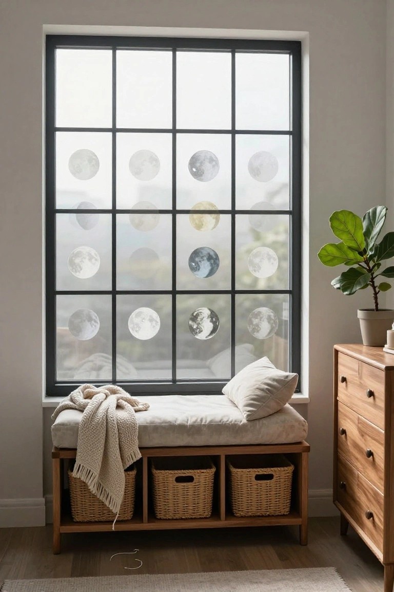 Grid window with black metal frames covered in white and translucent moon phase decals, next to a wooden window bench with beige cushions, knit throw, wicker baskets, potted fiddle leaf fig plant, and wooden dresser in a beige room.
