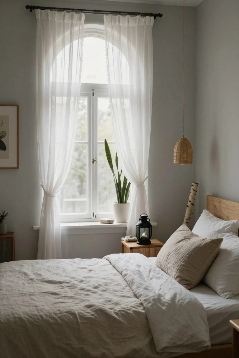 Bedroom interior featuring an arched window with sheer white curtains, a wooden bed frame with white linens and pillows, potted plants on the windowsill, a woven pendant lamp, and a bedside table with a lantern.
