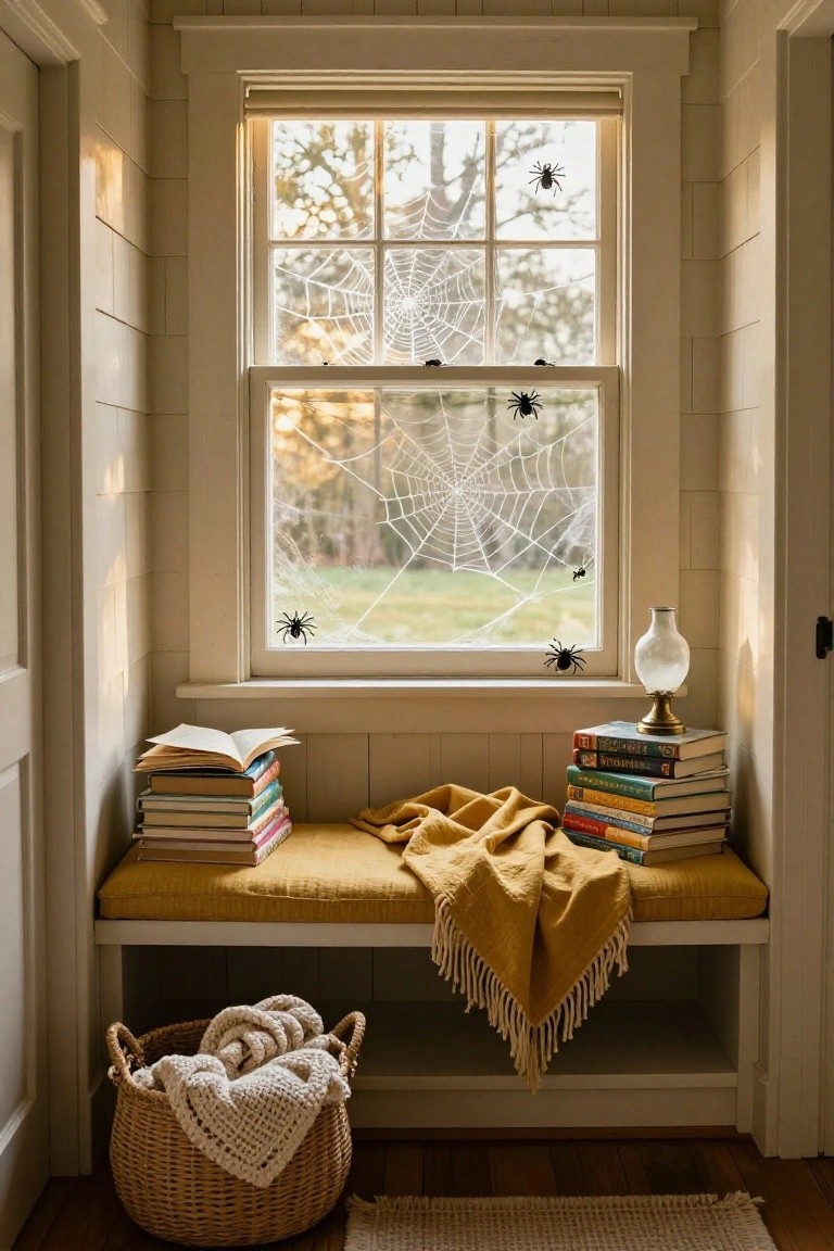 Interior view of a beige window bench with stacked colorful books, yellow blanket, white knit basket, oil lamp, and Halloween spider webs with black plastic spiders on the multi-pane window overlooking fall trees and grass.