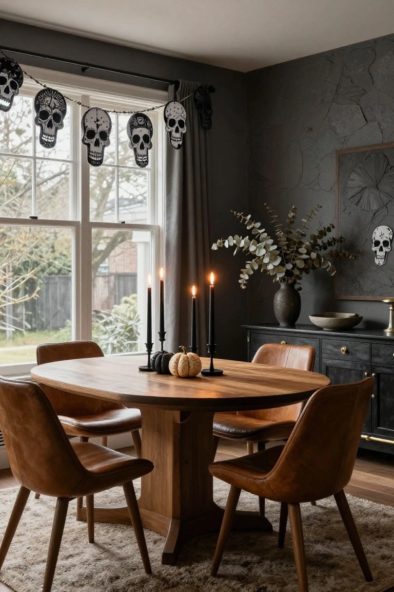 Dining room with oval wooden table, tan leather chairs, black candles and small pumpkins centered on table, garland of black paper skulls hanging over large window with gray curtains, dark textured walls, eucalyptus arrangement on sideboard.