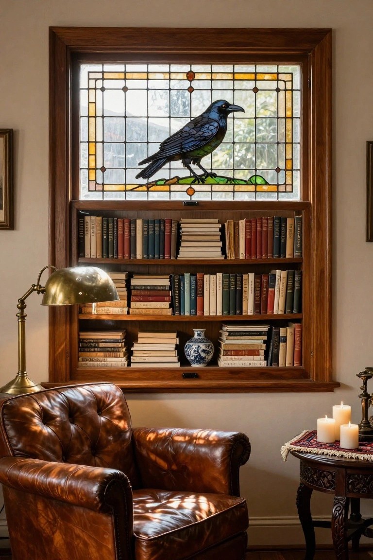 Interior room with wooden bookshelves built around a tall stained glass window depicting a blue-black raven on a green perch, brass lamp, leather armchair, blue vase, and candles on a side table.
