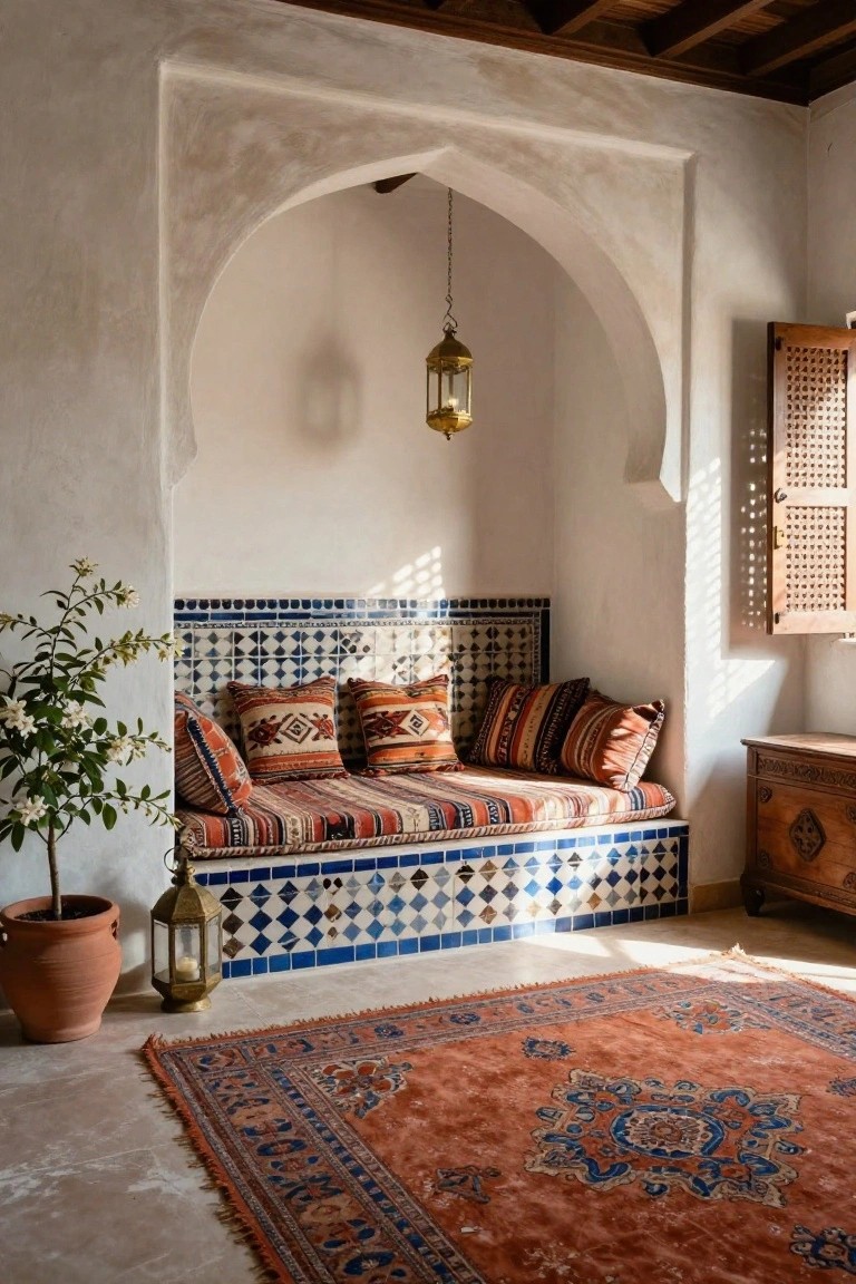 Arched white plaster alcove with blue-and-white tiled bench base piled with patterned cushions, hanging brass lantern, potted plant in terracotta pot, wooden side table, and orange rug on tiled floor.