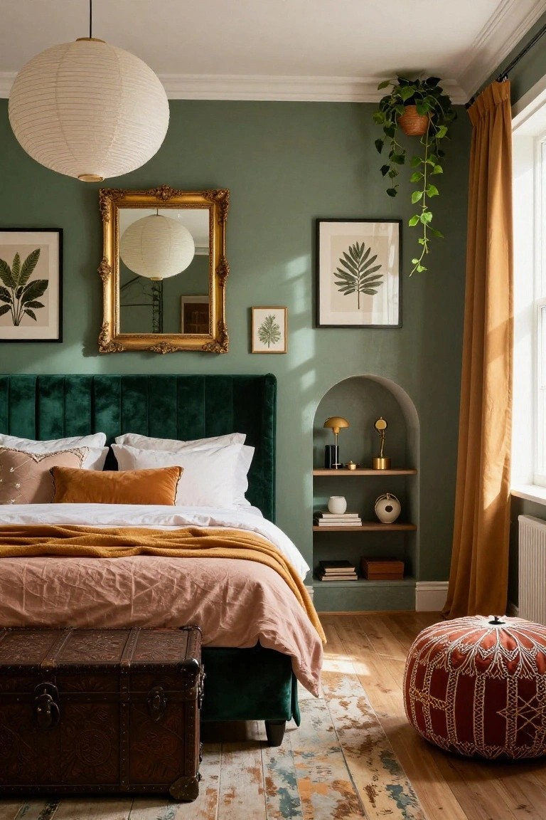 A bedroom featuring sage green walls, emerald green velvet upholstered bed headboard, arched recessed niche beside the bed with gold lamp books and vase, gold framed mirror above plants, orange throw blanket on bed, vintage trunk at foot, and red Moroccan pouf on wood floor.