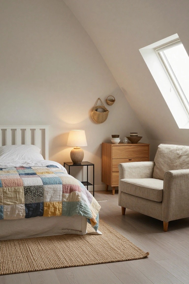 Attic bedroom with white sloped ceiling and skylight, bed topped by colorful patchwork quilt and white pillows, wooden nightstand with ceramic lamp, oak dresser with ceramics, beige armchair, seagrass rug on light wood floor.