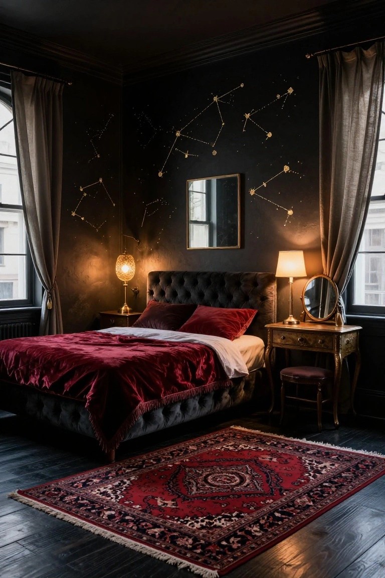 Bedroom featuring black walls with gold constellation decals, black tufted bed with red velvet bedding and pillows, two wooden nightstands with lamps and mirrors, a red patterned rug, and beige curtains on arched windows.