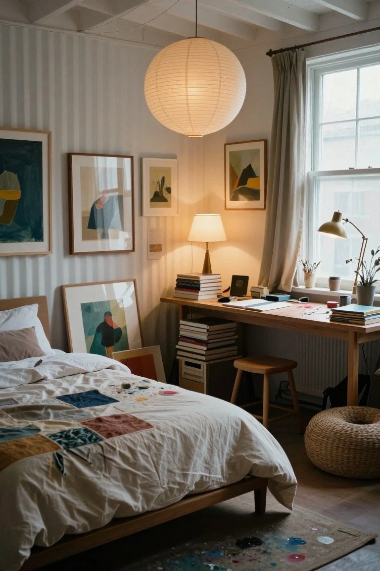Bedroom interior with white beaded board walls displaying multiple framed and unframed abstract paintings, a wooden desk with stacked books and art supplies, a bed covered in patchwork quilt and paint spots, warm lighting from a large paper lantern overhead and table lamps, and potted plants near a window.