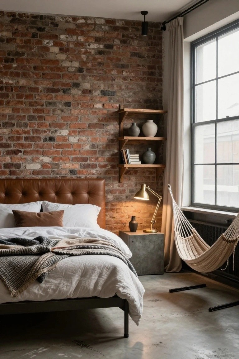 Corner of a bedroom featuring exposed red brick walls, wooden floating shelves with ceramic vases and books, a brown tufted leather headboard on a black metal bed frame with white linens and gray throws, a concrete side table with gold lamp, a white hammock chair by a large window with cream curtains, and polished concrete floor.