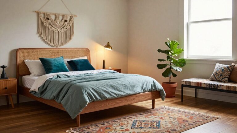 Bedroom corner showing bed with rattan headboard, white and teal pillows, multicolored patterned quilt on wooden frame, wooden nightstand with gold lamp and mug, large potted fiddle leaf fig plant by window with bench and pillows, macrame sunburst wall hanging.