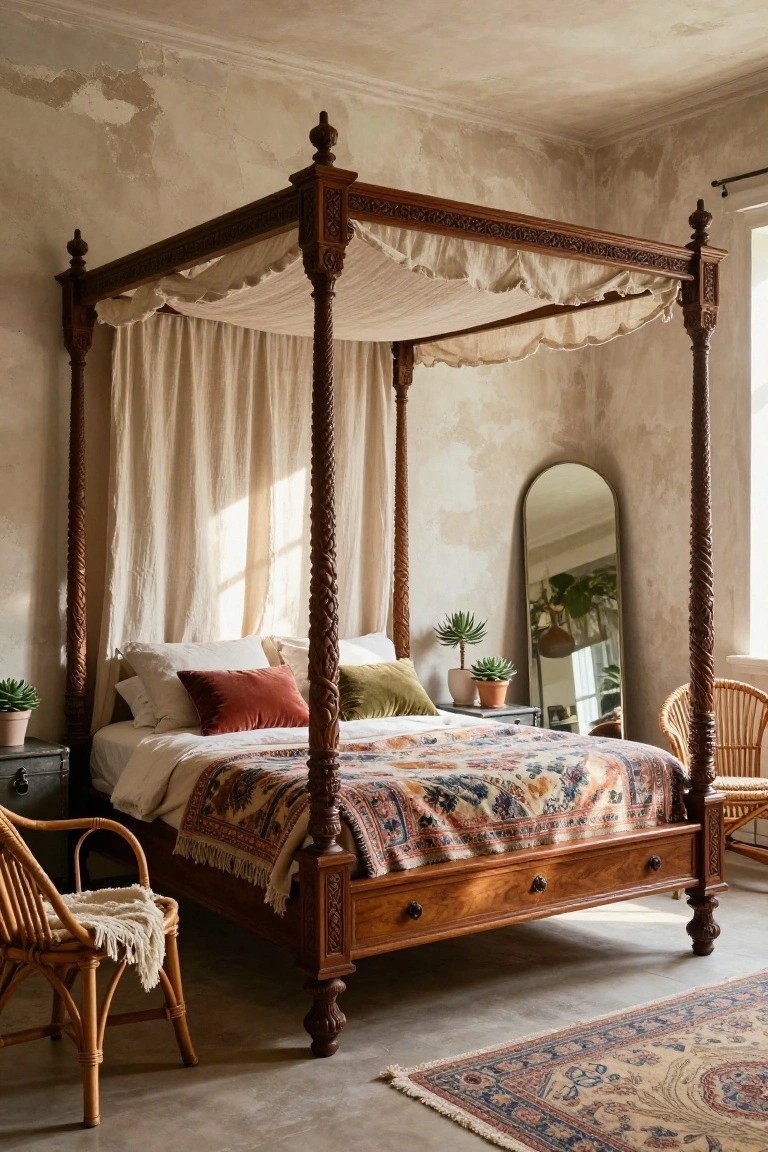 A bedroom interior with a tall carved wooden four-poster bed draped in white fabric, topped with a colorful patterned bedspread and pillows, flanked by potted plants, rattan chairs, an arched mirror, and a Persian rug on the floor against textured plaster walls.