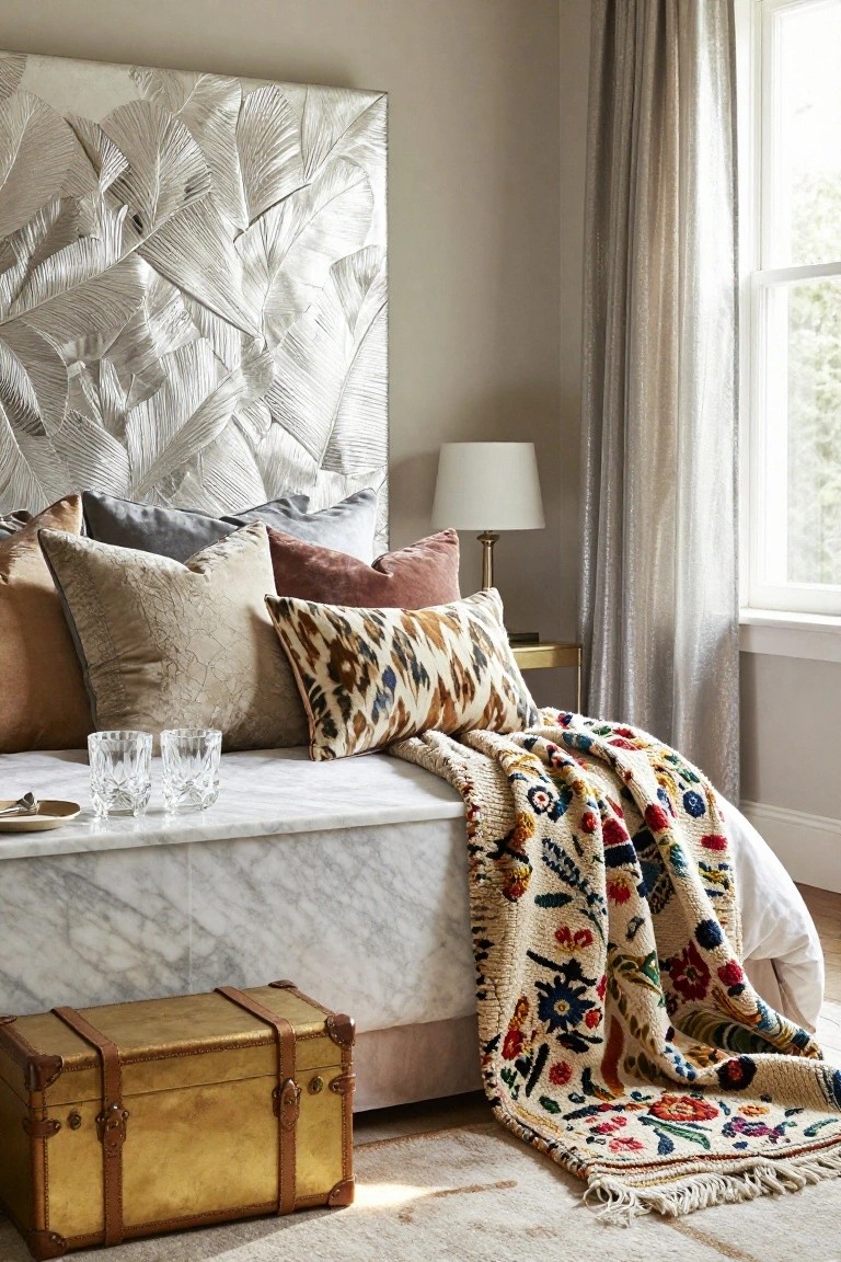 Bedroom featuring a white marble platform bed with assorted textured pillows in neutral and patterned fabrics, a multicolored woven throw draped over the side, a brass trunk at the foot, a bedside lamp on a gold table, and sheer curtains on a window against a light gray wall.