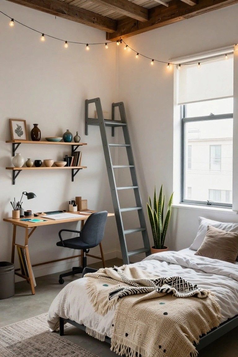A bedroom corner with a grey leaning ladder shelf holding wooden shelves of pottery and books, wooden desk with blue chair and desk lamp, tall snake plant in pot, and low bed with white sheets and knitted throw under string lights.