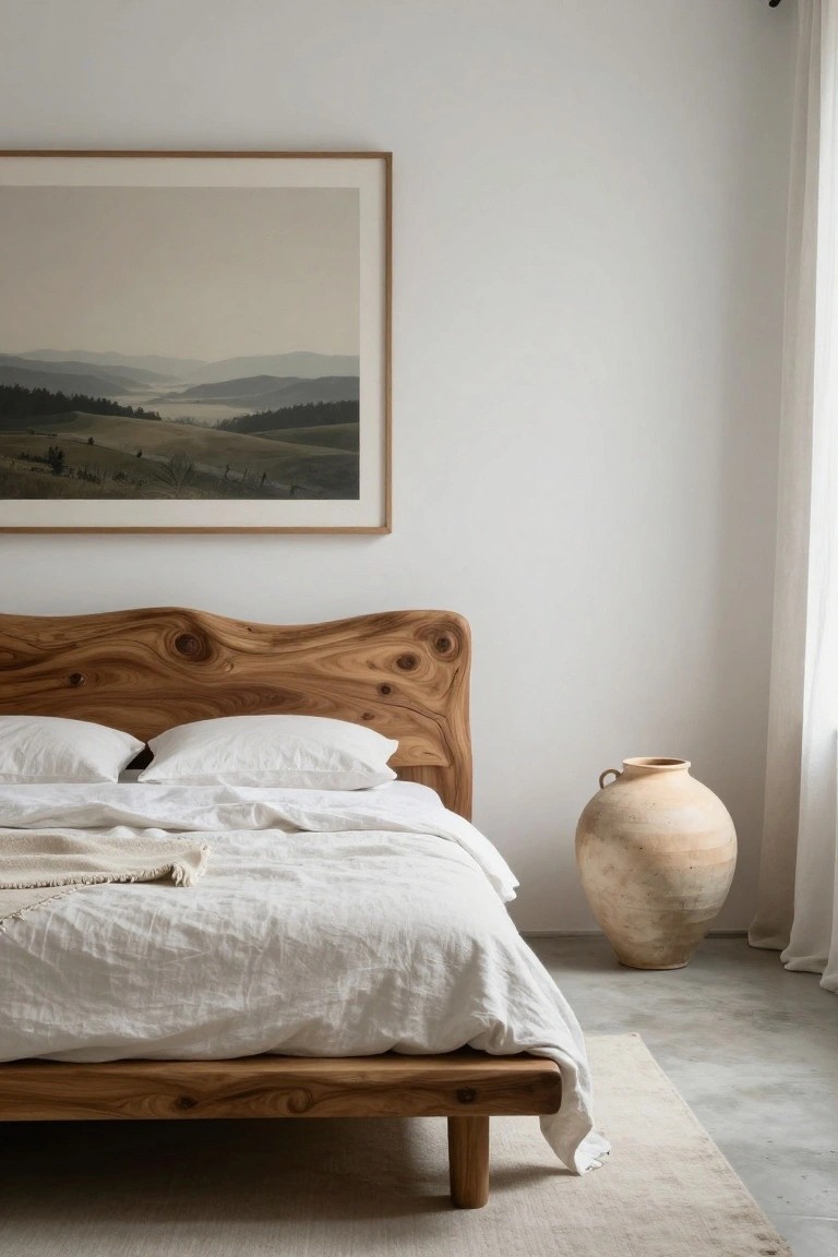 A minimalist bedroom with a curved live-edge wooden headboard and low platform bed, white pillows and rumpled linens, large framed landscape photo on white wall, tall terracotta vase on floor, sheer white curtain on window, light rug on polished concrete floor.