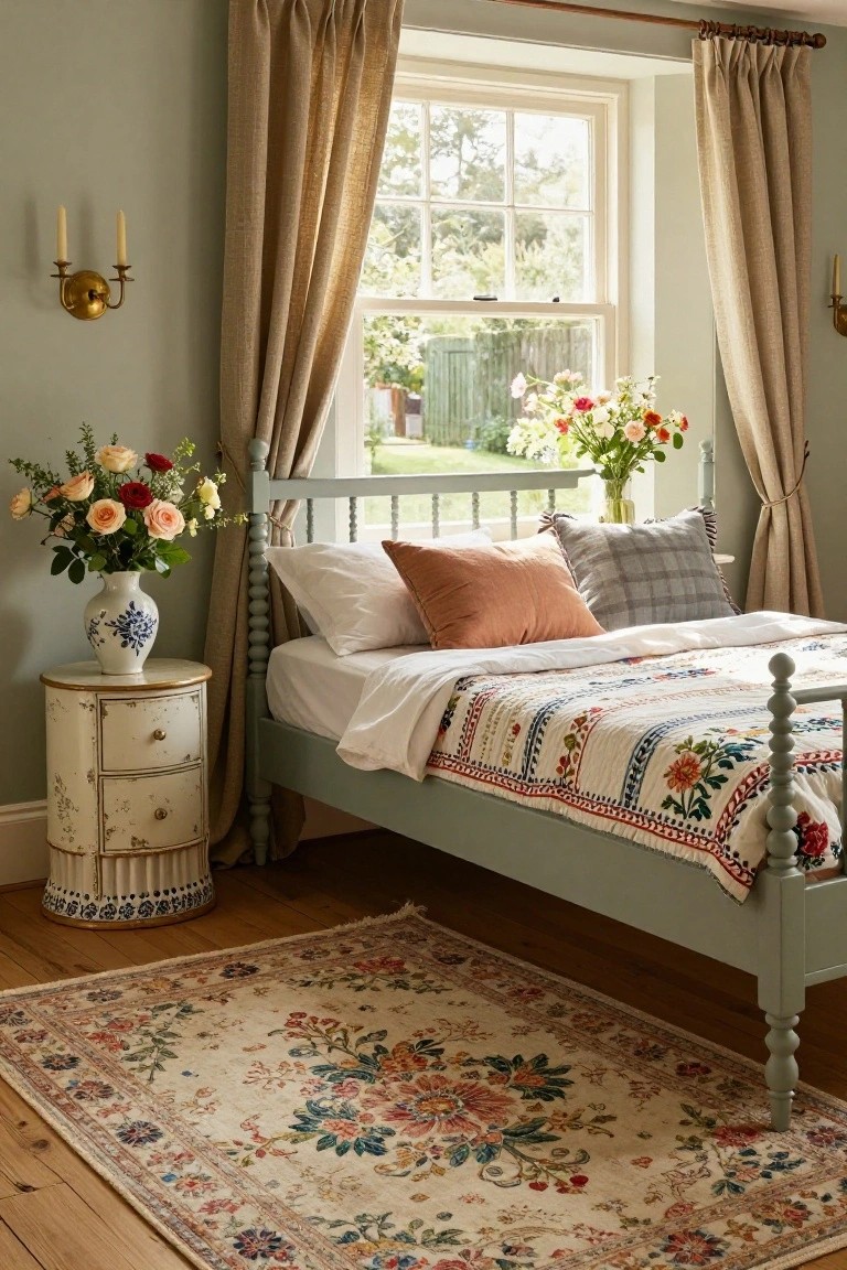 A sage green painted spindle bed with turned posts and colorful patchwork quilt in a bedroom with sage walls, beige curtains at a multipane window, white distressed nightstand holding blue vase of mixed flowers, patterned pillows, and oriental rug on wood floors.