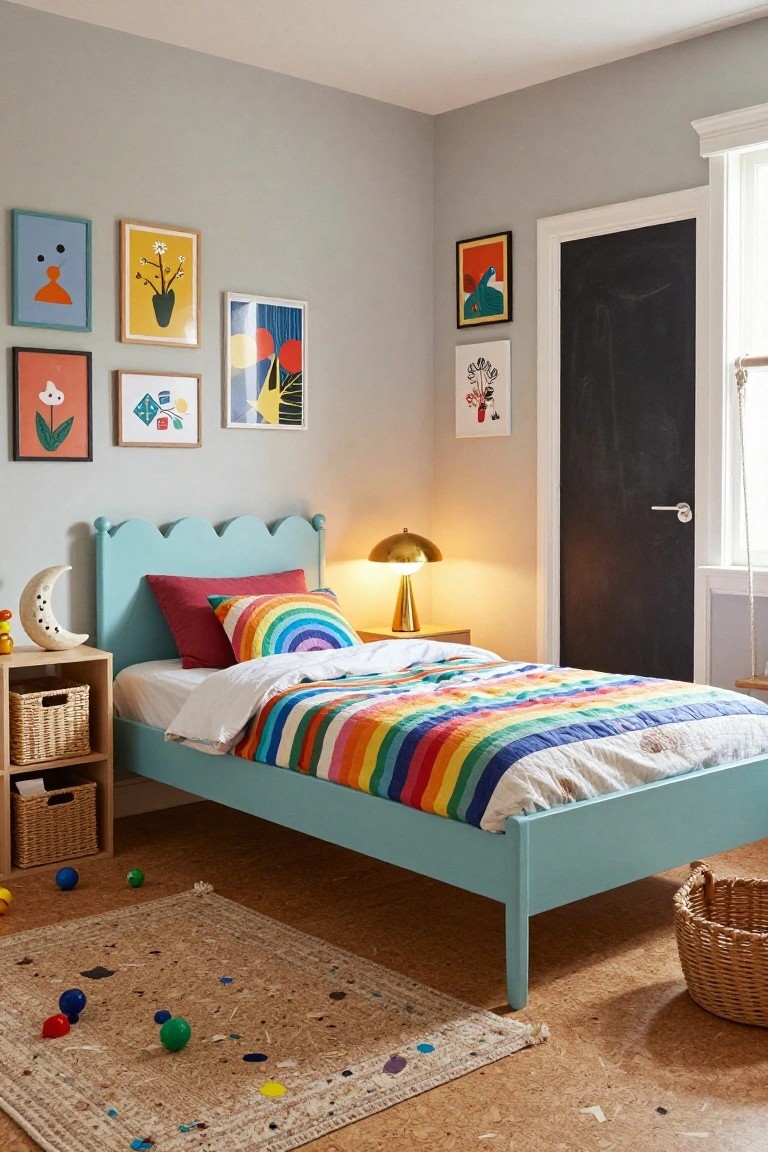 Child's bedroom with turquoise scalloped headboard bed covered in rainbow striped quilt, wooden nightstand with lamp, colorful abstract art prints on light gray walls, toys on cork floor, black door, and wicker baskets.