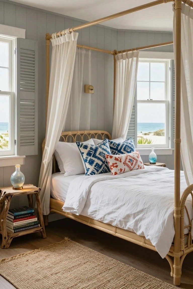 Corner bedroom with light gray shiplap walls, rattan four-poster bed with white sheer curtains, blue and orange patterned pillows on white bedding, wooden side table holding books and blue glass vase, windows with shutters overlooking ocean and beach.