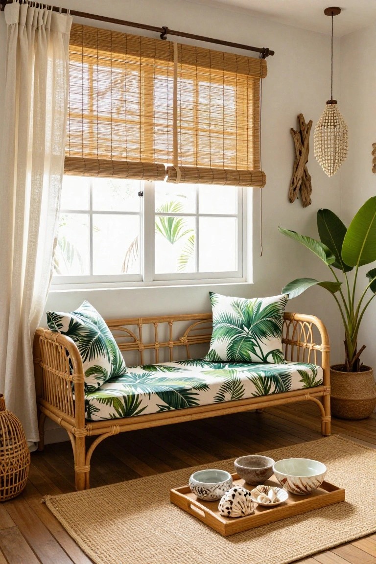White-walled room interior featuring a rattan daybed with green palm leaf fabric cushions and upholstery, sheer curtains and bamboo blinds on a window, large potted banana plant, driftwood wall hanging, beaded lamp, and wooden tray with shells on seagrass rug.
