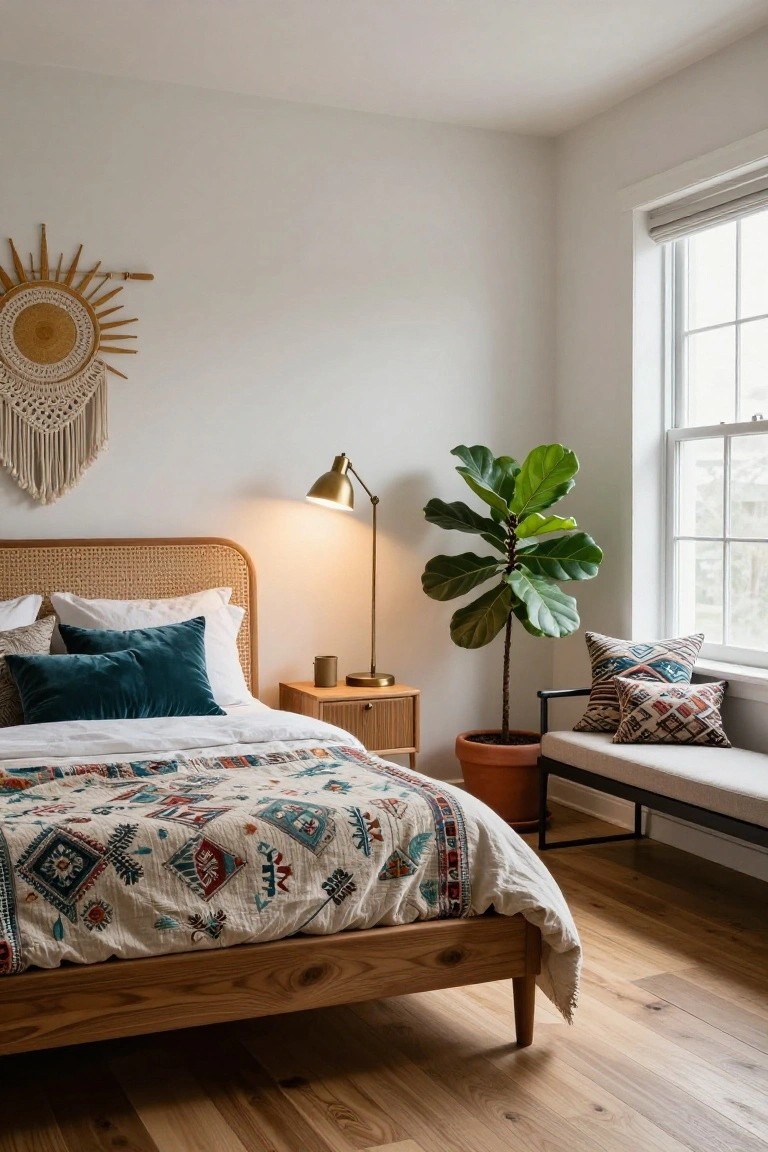 Bedroom corner showing bed with rattan headboard, white and teal pillows, multicolored patterned quilt on wooden frame, wooden nightstand with gold lamp and mug, large potted fiddle leaf fig plant by window with bench and pillows, macrame sunburst wall hanging.