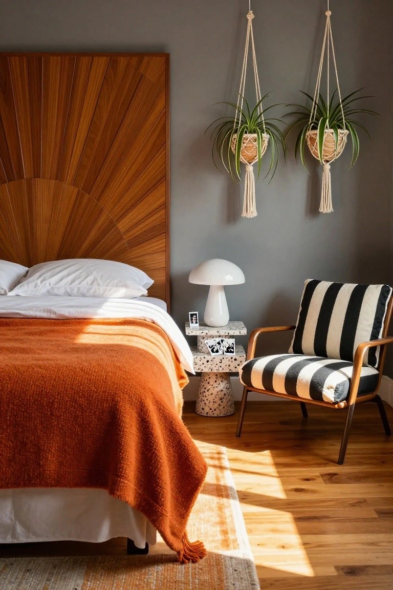 Bedroom with a large fan-shaped wooden headboard behind a bed covered in white sheets and an orange blanket, a white mushroom lamp on a speckled table next to a black-and-white striped armchair, two hanging plants with spider plants, gray walls, and wood floors.