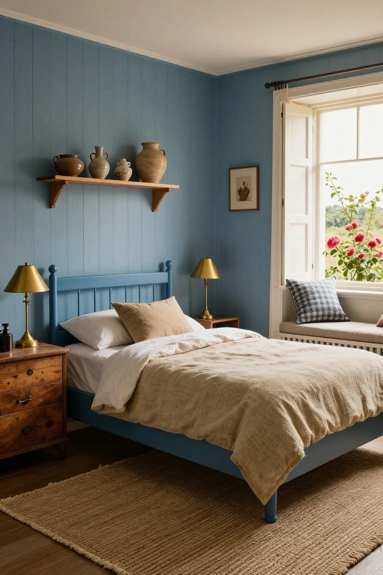 A bedroom interior with light blue painted vertical wood paneling on the walls, a matching blue wooden bed with beige linen bedding, wooden nightstands topped with brass lamps, pottery displayed on wooden shelves, and a window seat with checkered cushions overlooking pink roses outside.