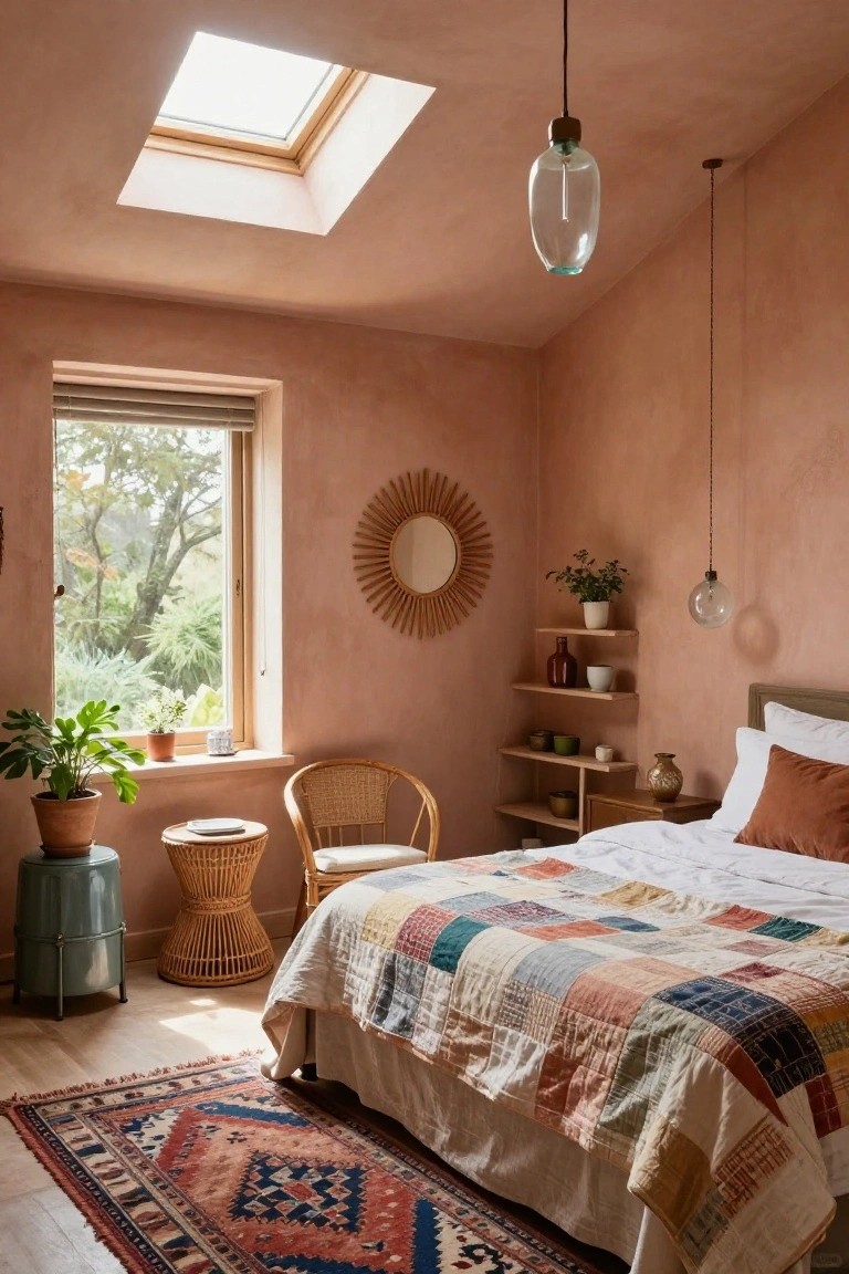 Eclectic bedroom with terracotta textured walls, bed covered in patchwork quilt, rattan armchair and side table, floating wooden shelves with ceramics and plants, sunburst mirror, and patterned rug on wood floor.