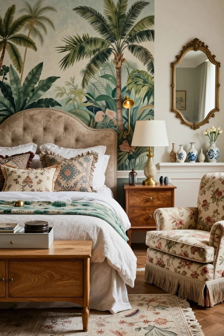 Eclectic bedroom with green palm tree and foliage wallpaper on one wall behind a beige tufted upholstered bed, patterned pillows, white linens, wooden nightstand and bench, gold mirror, and floral upholstered armchair on parquet floor.