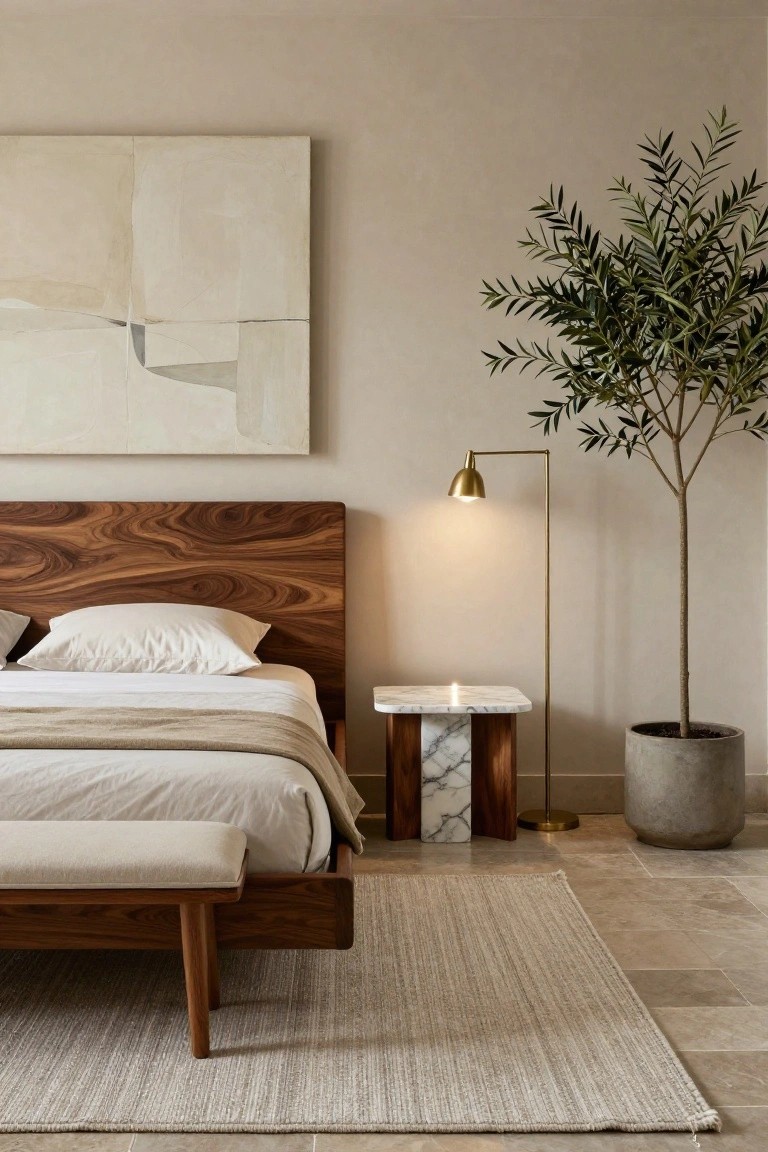 Bedroom with dark walnut wood headboard and platform bed, white pillows and beige duvet, marble and wood nightstand holding a candle, gold arc lamp lit, tall olive tree in concrete pot, beige bench at bed foot, seagrass rug on beige terracotta tile floor.