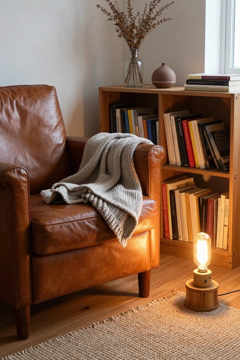 Brown leather armchair with gray knitted blanket draped over the seat and arm, next to wooden bookshelves filled with books, a wooden lamp with exposed bulb on the floor, and dried branches in a glass vase on a side table.