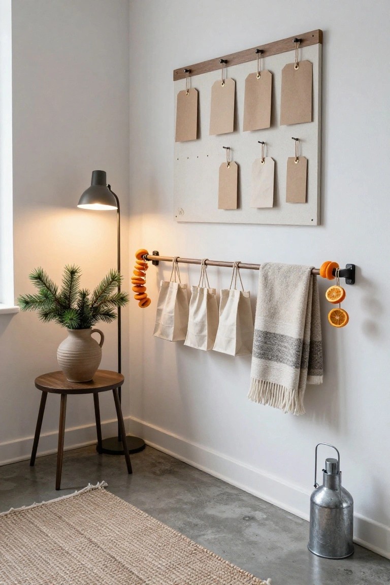 Indoor room corner featuring a wall-mounted board with blank tags, a copper bar holding canvas tote bags, a gray striped towel, and multiple strands of dried orange slice garlands, plus a potted fir branch on a wooden side table, floor lamp, seagrass rug, and metal canister on the concrete floor.