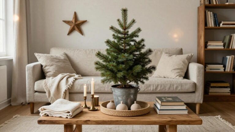 Living room interior with a live potted Christmas tree topped by a wooden star, flanked by beige linen sofas, wooden coffee table holding ceramic vases and books, neutral rug, and window with sheer curtains.