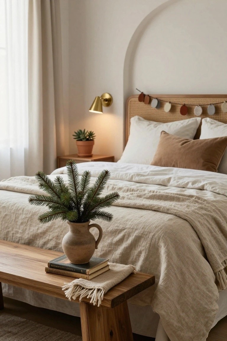 Bedroom with arched white wall, rattan headboard with garland, beige linen bed with pillows, wooden bench holding stacked books, white throw, and terracotta vase of fir sprigs, gold sconce lit, potted succulent on wood nightstand, sheer curtains on window.