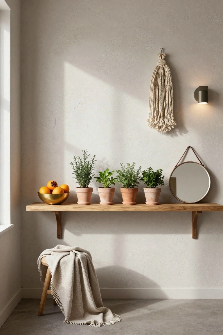 Fresh Herbs and Citrus on a Wooden Shelf