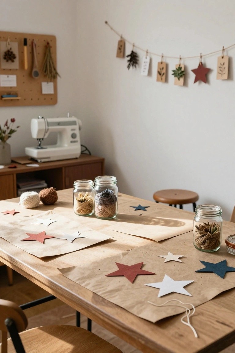 Cozy sewing room with wooden table covered in kraft paper and cut-out stars in red, white, navy, and beige, jars of yarn and twine, sewing machine on cabinet, and garland strung on wall.