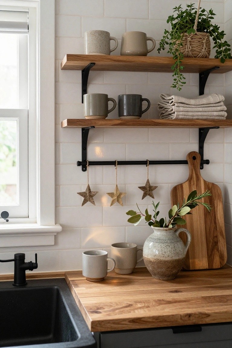 Kitchen with open wooden shelves holding ceramic mugs, linens, and plants, gold paper star ornaments hanging from a black towel bar below, wooden cutting board with greenery on butcher block counter next to black sink and faucet, white subway tile walls.