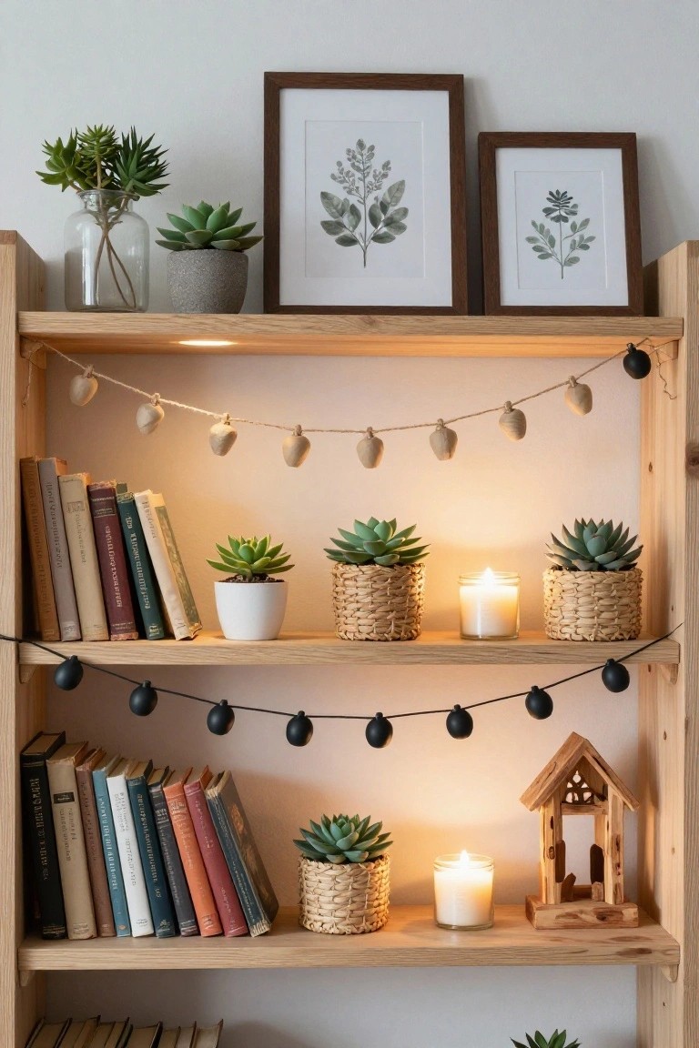 Wooden open bookshelf displaying colorful books, potted succulents in ceramic and woven baskets, lit candles in glass jars, leaf artwork in frames, beaded garlands, and a small wooden house figurine against a light wall.