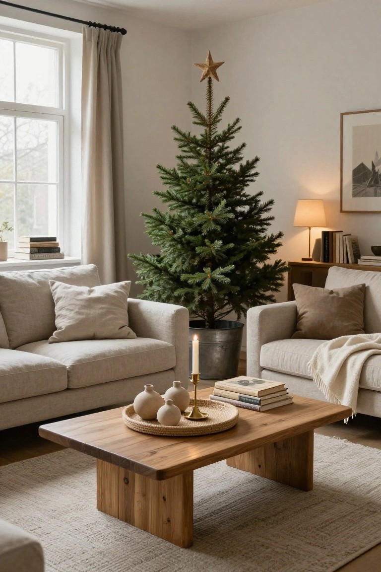 Living room interior with a live potted Christmas tree topped by a wooden star, flanked by beige linen sofas, wooden coffee table holding ceramic vases and books, neutral rug, and window with sheer curtains.