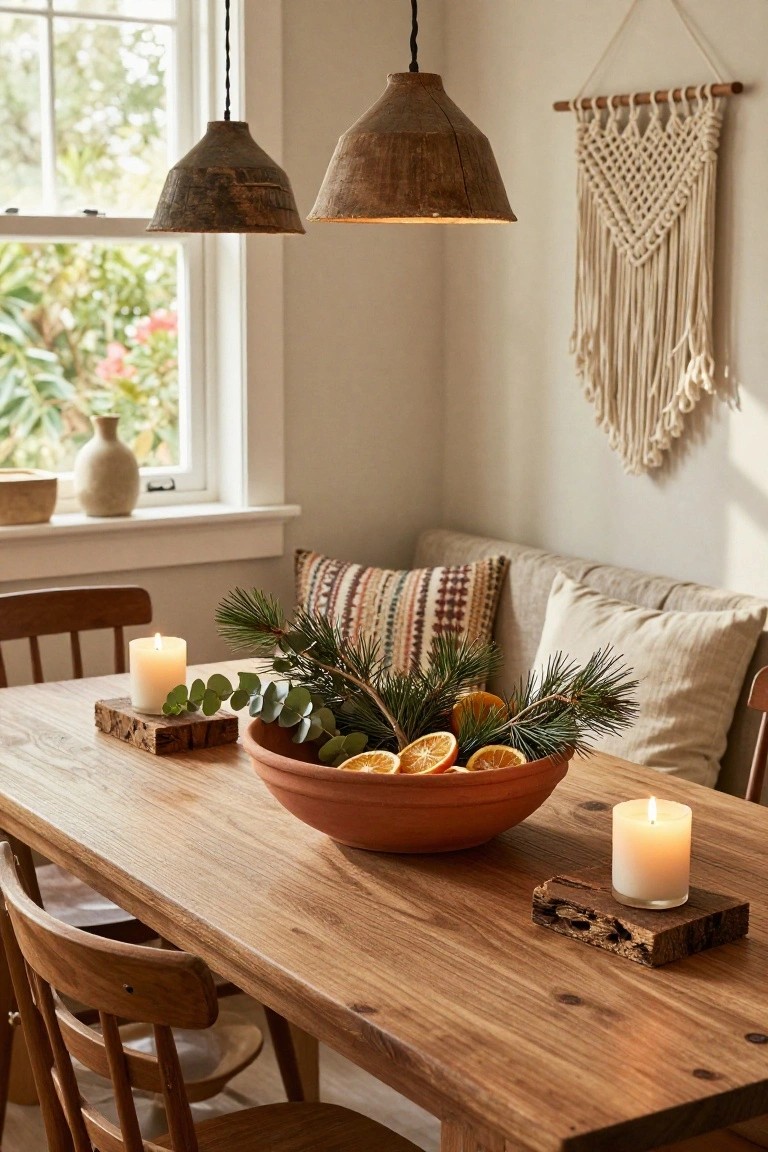 Wooden dining table in a bright kitchen nook with a large terracotta bowl of sliced oranges, eucalyptus leaves, and pine branches at center, white pillar candles on wood blocks nearby, wooden chairs, cushioned bench seating, macrame wall hanging, and window overlooking greenery.