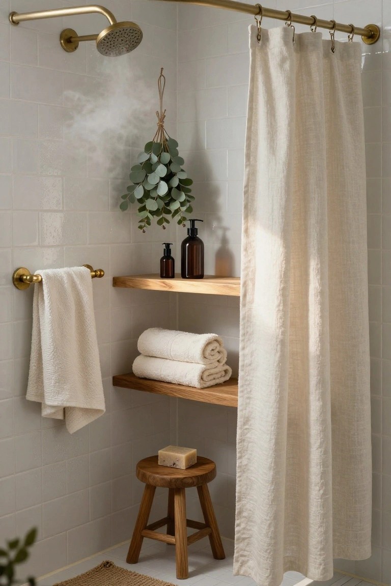 Bathroom shower corner with brass showerhead and rod, beige linen shower curtain, wooden floating shelves stocked with folded white towels and glass bottles, bundle of eucalyptus hanging nearby, wooden stool on floor holding bar of soap, white subway tile walls.