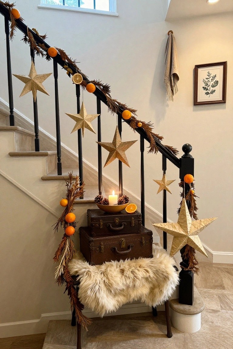 Staircase with black wrought-iron railings wrapped in garlands of dried orange slices, pine branches, and hanging gold paper stars, with a small vignette at the base including stacked vintage suitcases, a sheepskin rug on a stool, a candle in a bowl with pinecones, and potted oranges.