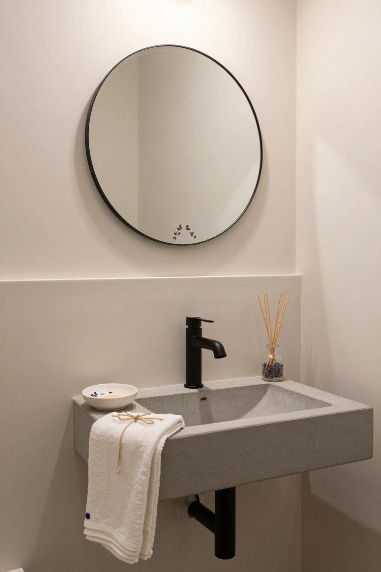 Minimalist bathroom vanity with gray concrete wall-mounted sink, black matte faucet and drain, glass reed diffuser with bamboo sticks and purple beads, small white ceramic soap dish, and white textured towels draped over the edge tied with twine bow, round black-framed mirror above, neutral walls.