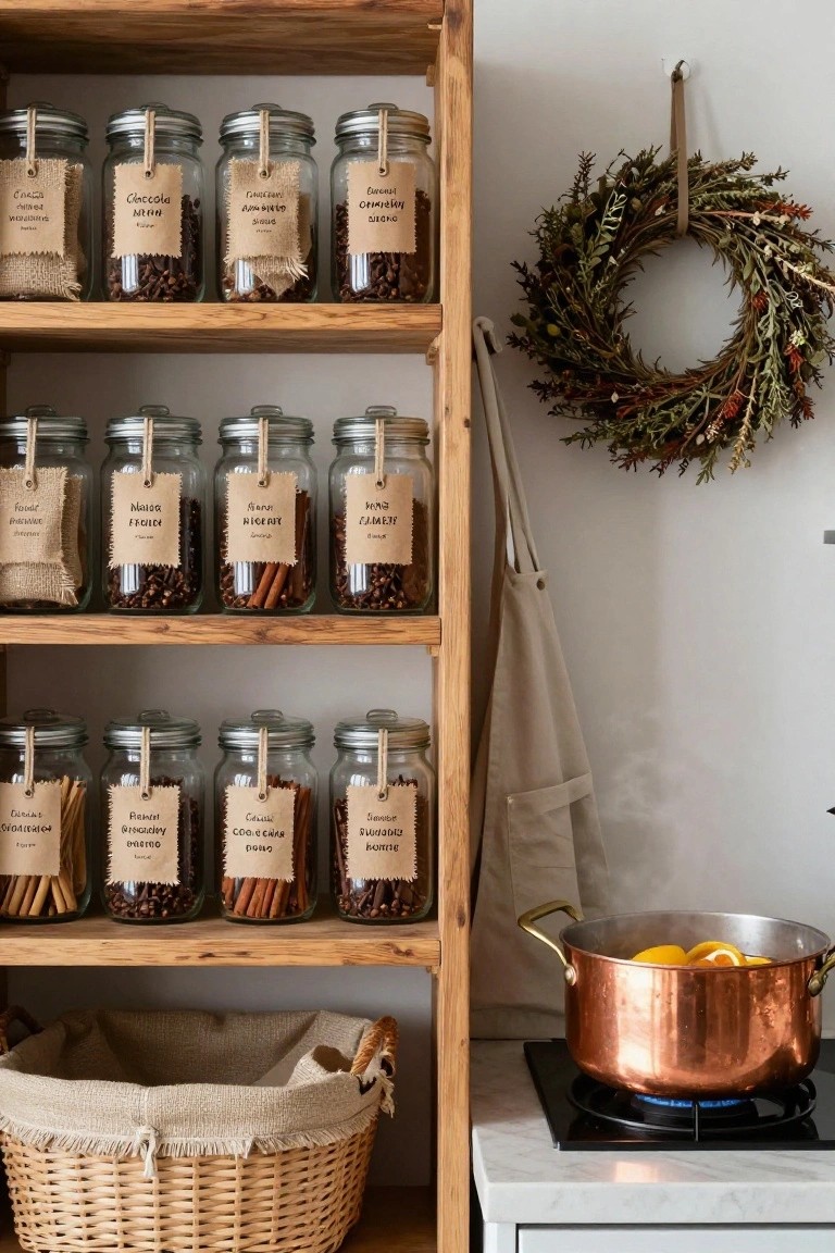Wooden open shelving unit stocked with labeled glass jars containing coffee beans, cinnamon sticks, cloves, nutmeg, and other spices, a dried herb wreath hanging on the wall, a beige apron draped over the shelf, a copper pot simmering oranges on a gas stove, and a linen basket on the floor.