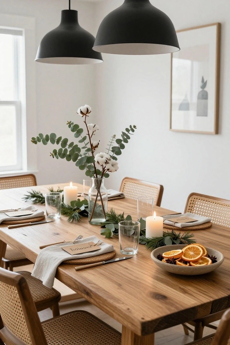 A wooden dining table centered with a runner of eucalyptus branches, pine sprigs, cotton bolls in glass vases, candles, a bowl of dried orange slices with star anise, place settings, and rattan chairs in a white-walled room.