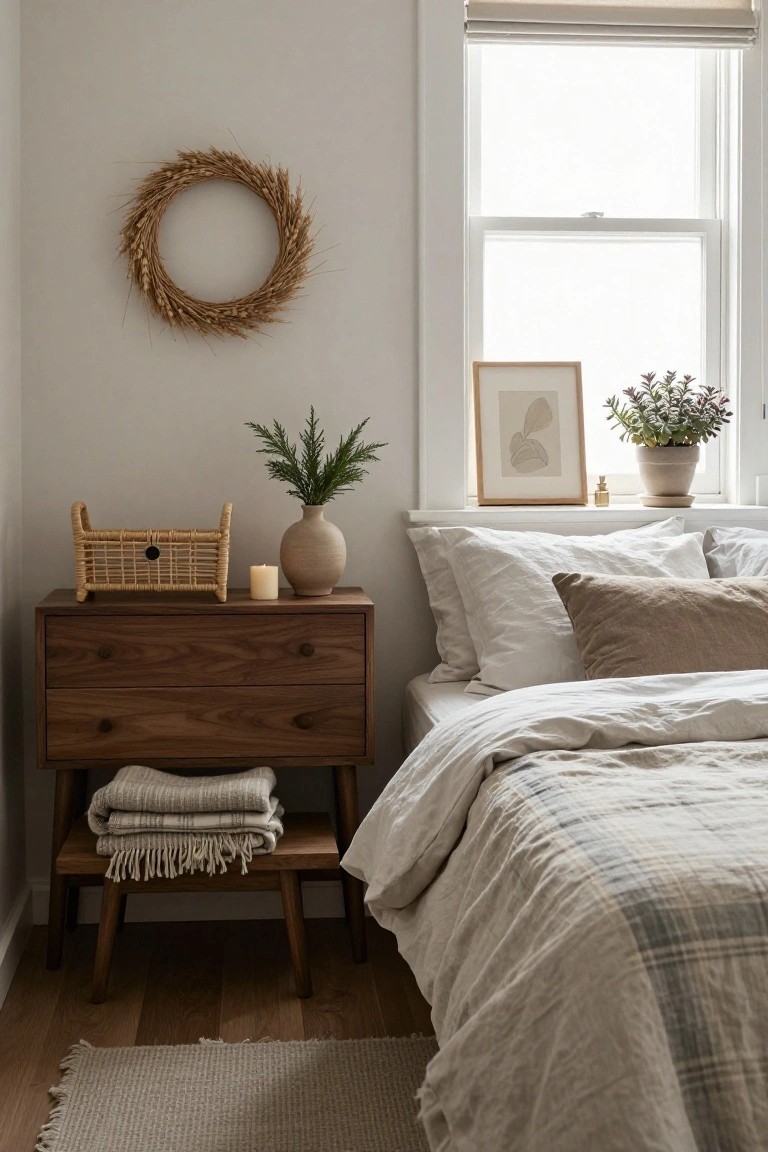 Bedroom corner featuring a wheat wreath on a light gray wall above a wooden nightstand with a rattan basket, candle, vase, and fir branches, plants on the windowsill, and a bed with white and beige linens.
