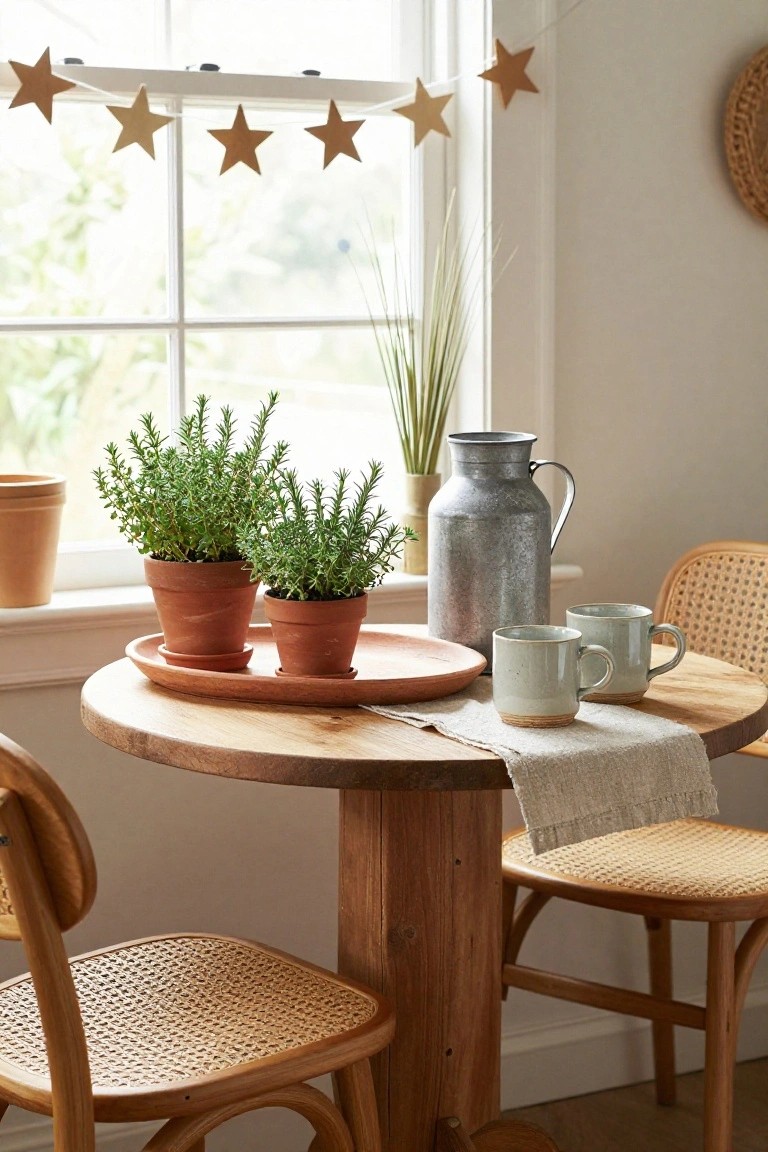 Small round wooden table with rattan chairs in a bright room, terracotta pots of rosemary on a tray, galvanized metal jug, two ceramic mugs on a linen runner, and wooden star garland hanging above a window with potted plants nearby.